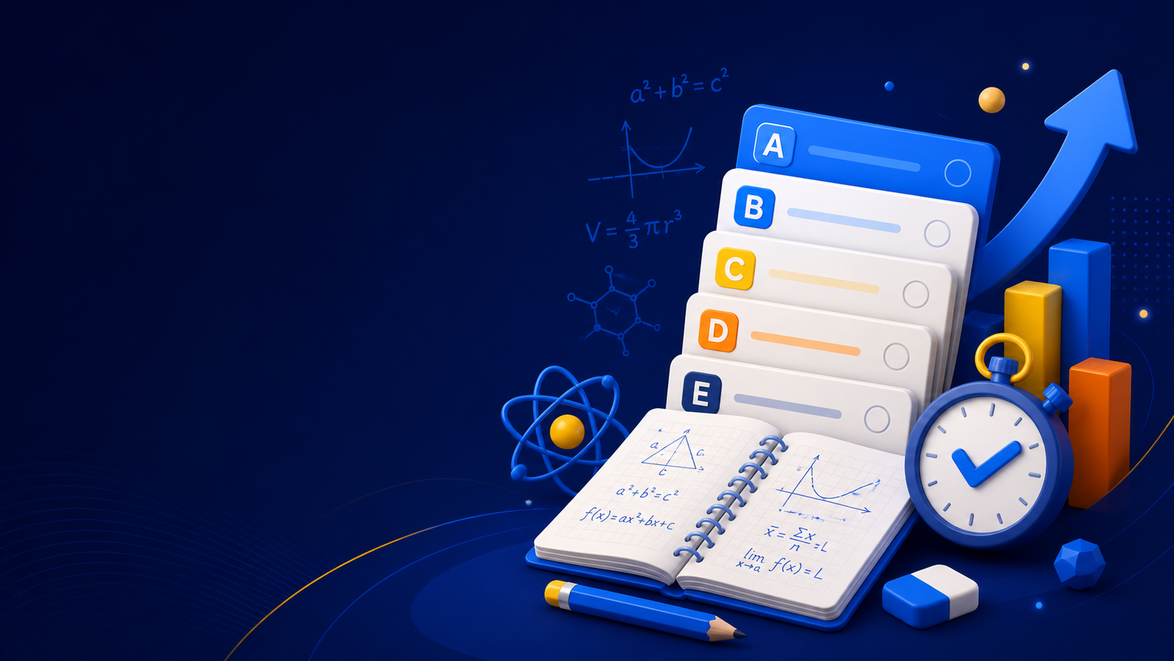 Alternativas A, B, C, D e E ao lado de caderno, fórmulas e indicador de progresso