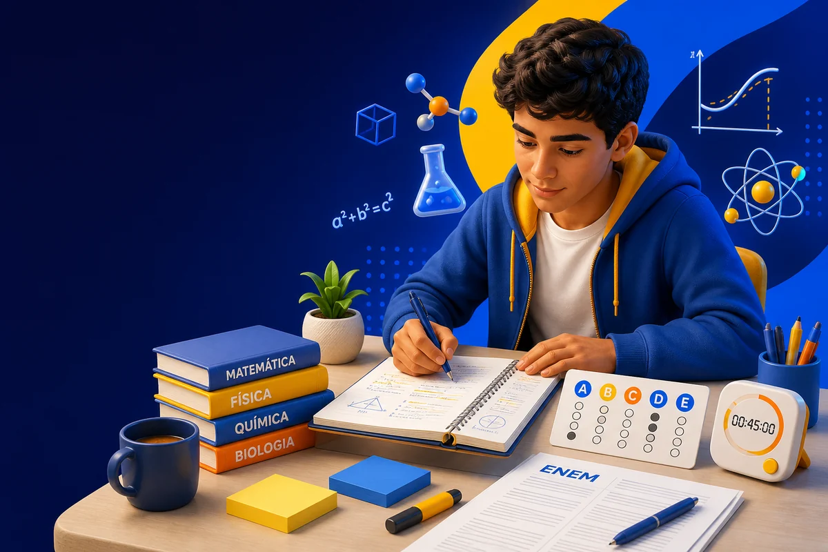 Estudante organizando questões, redação e tempo de estudo para o ENEM